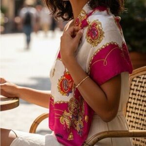 Vintage Leslie Fay Scarf Fuchsia Pink Floral Damask Crown Chain Baroque Square